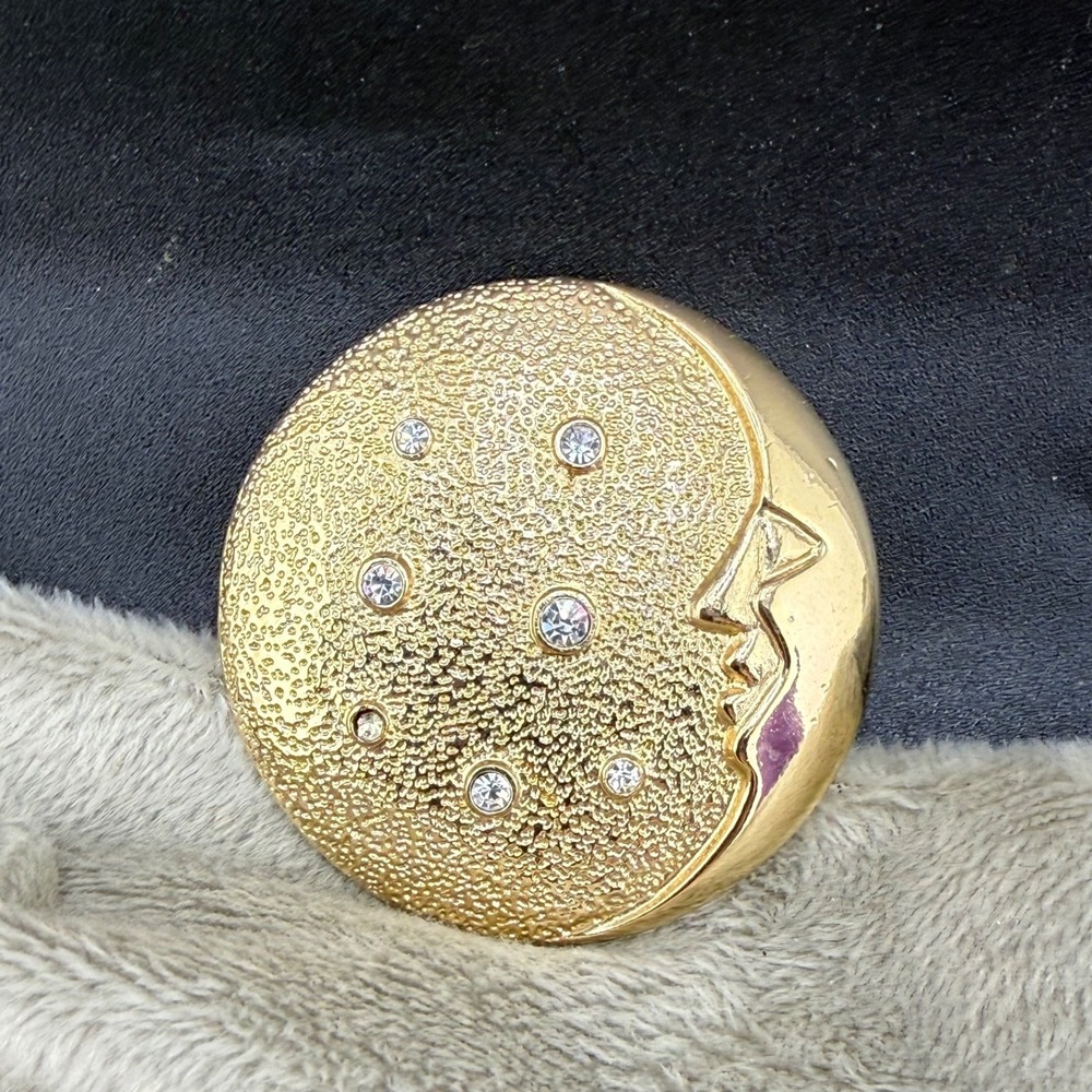 Vintage‎ Butler Brooch Celestial Gold Tone Moon Rhinestone READ